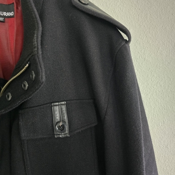 Murano Wool Blend Jacket Coat XL Men's Black Leather Trim Military Heavy 90s Y2k - Picture 9 of 16